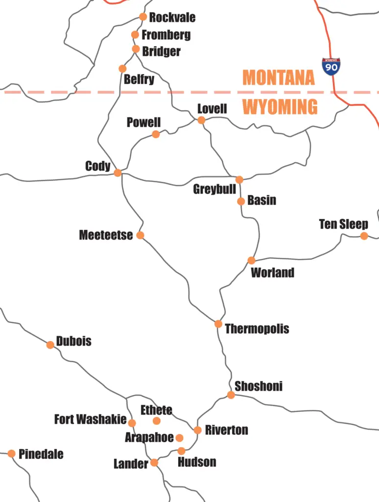 Ryno's Rental service area map in Wyoming and Montana.