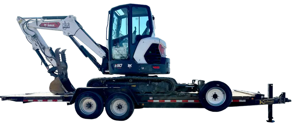 Tilt Trailer with mini excavator available to rent at Ryno's Rentals.